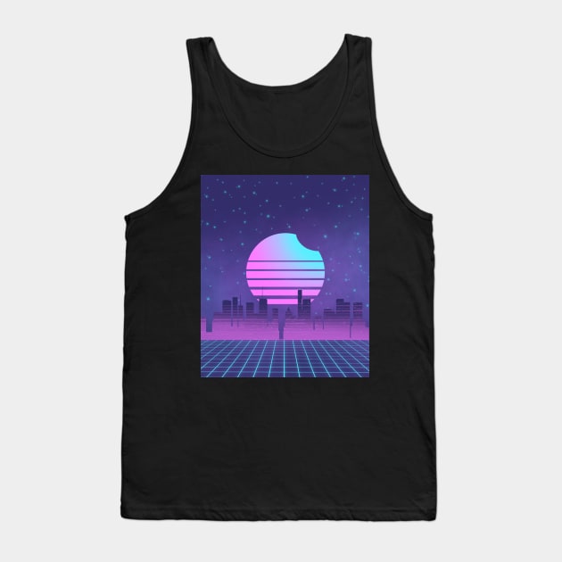 Synthwave Sunset Eclipse Vaporwave City with Galaxy and Neon Grid Tank Top by ichewsyou